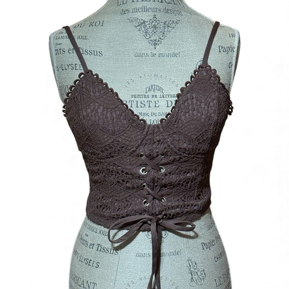 Haute Monde Cropped Corset Lace Stretchy Tank Top Brown Size Small